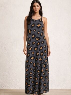 Animal print maxi dress L sleeveless summer 2 slits stretch swim cover lounge